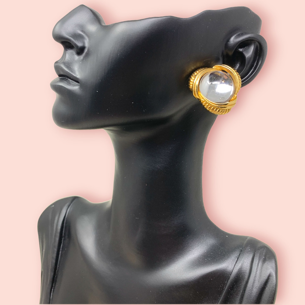 Vintage NEW 1990s Y2K Earrings Round Clear Crystal Cabochon Gold Tone Pierced
